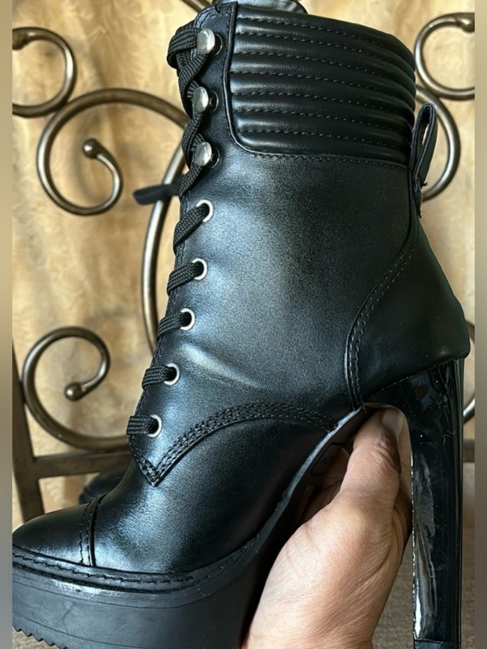 Black Lace-Up Platform Heeled Ankle Boots for Women